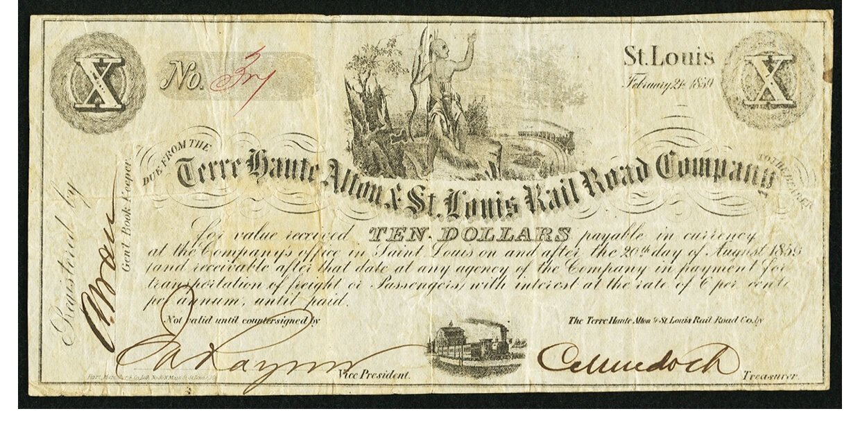 ha (10) St. Louis, MO - Terre Haute, Alton & St. Louis Rail Road Company $10 Feb. 21, 1859. - Image 1