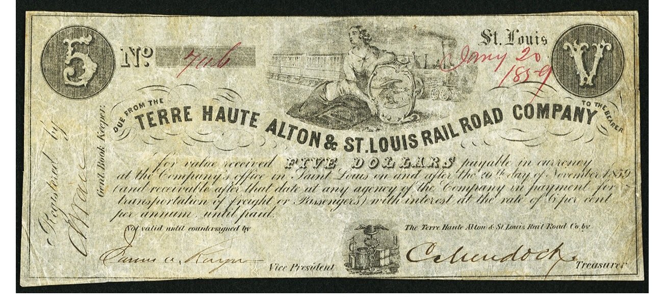 ha St. Louis, MO - Terre Haute, Alton & St. Louis Rail Road Company $5 Jan. 20, 1859. - Image 1