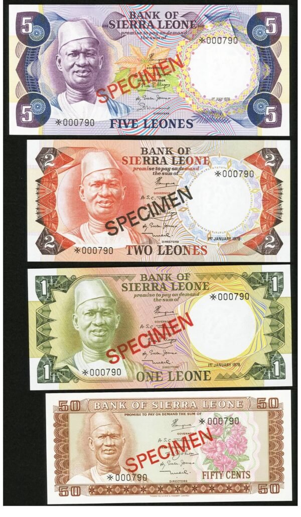 Sierra Leone Bank of Sierra Leone 50 Cents, 1 Leone, 2 Leones, and 5 Leones ND (1979) Pick CS2 Collector Series Set.. ... (Total: 4 notes) - Image 1