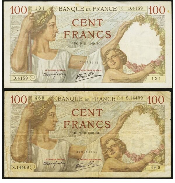 France Banque De France 100 Francs 9.11.1939 and 22.8.1940 Pick 94.. ... (Total: 2 notes) - Image 1
