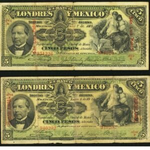 Mexico Banco de Londres y Mexico 5 Pesos 2.1.1912 Pick S233g and 1.7.1910 Pick S233q.. ... (Total: 2 notes)