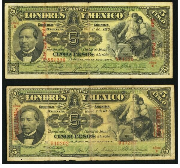 Mexico Banco de Londres y Mexico 5 Pesos 2.1.1912 Pick S233g and 1.7.1910 Pick S233q.. ... (Total: 2 notes) - Image 1