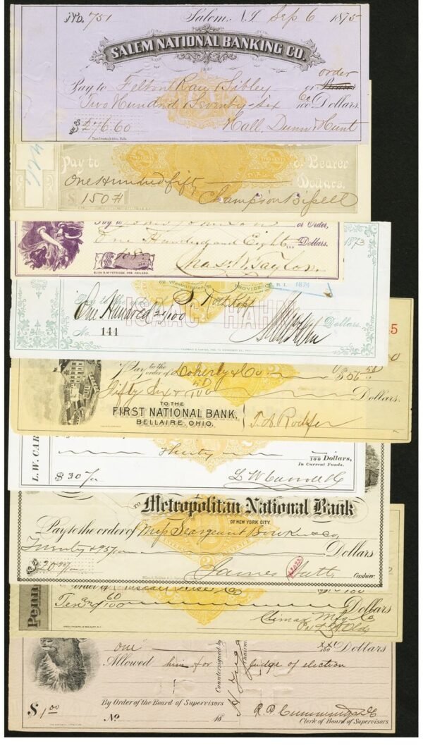 Selection of Issued Bank Checks from 1873-1900. Nine Examples.. ... (Total: 9 items) - Image 1