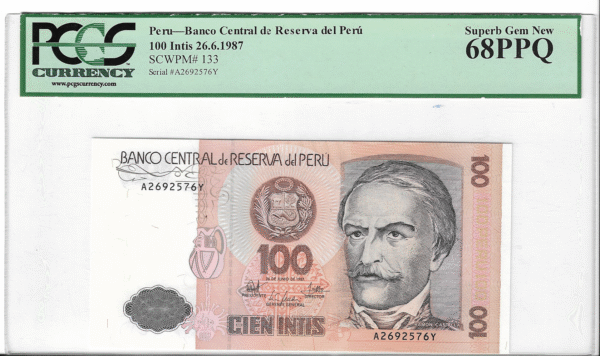 ⁦عملة بيرو فئة 100 إنتي لعام 1987 مصنفة PCGS 68 PPQ رائعة جديدة⁩ - الصورة ⁦1⁩
