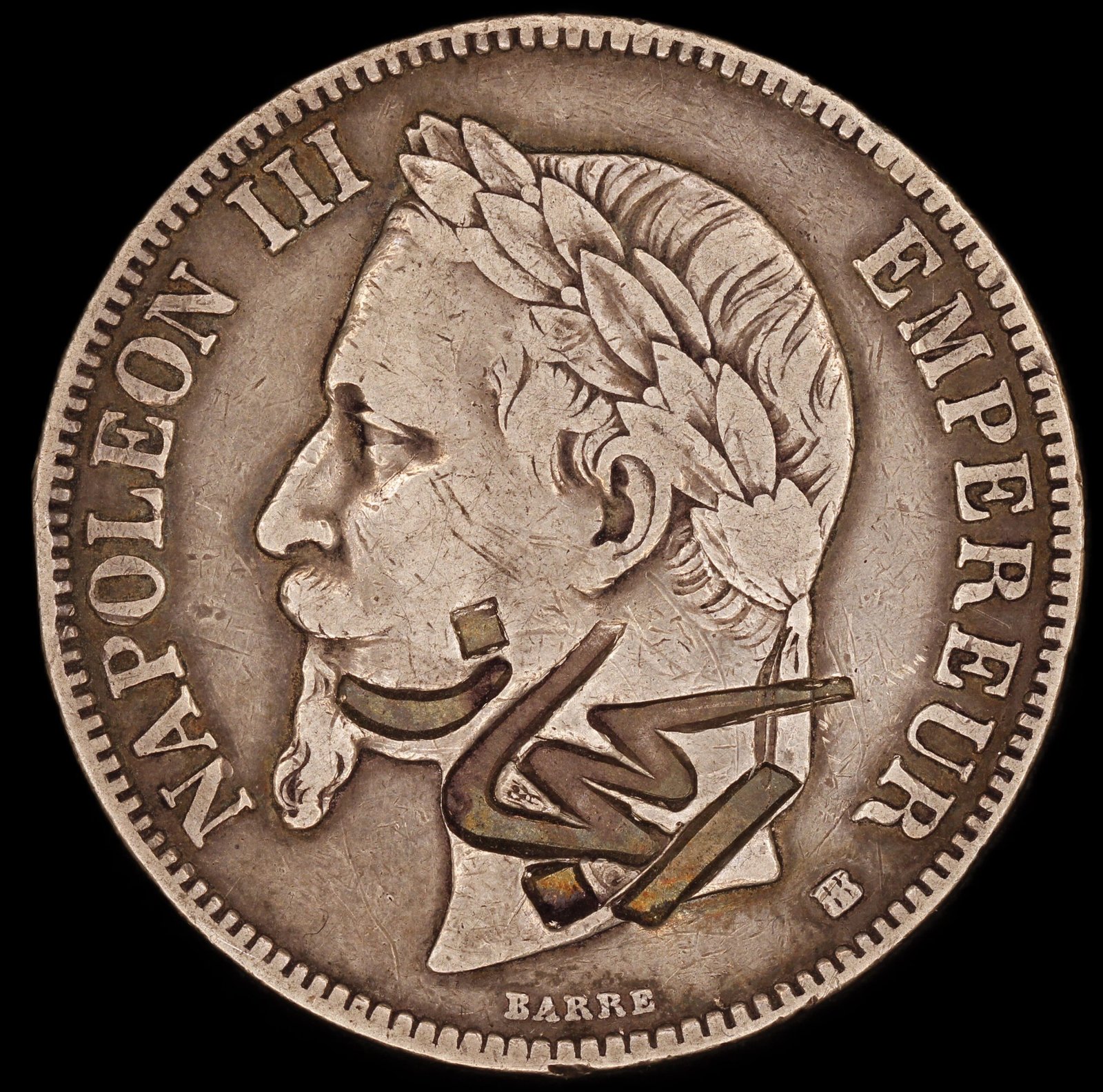 2114280_1b Hejaz. 1 Riyal 1916-1925 Countermarked over France 5 Francs 1868 BB Strasbourg Silver - Image 1